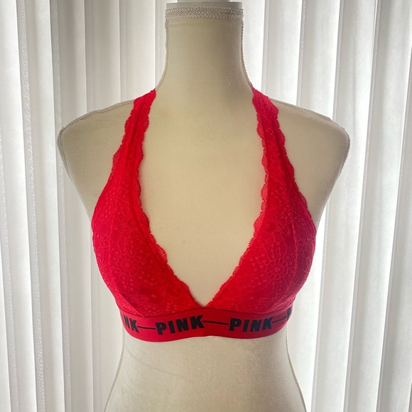 PINK Victoria’s Secret Red Lace Halter Bralette - Picture 1 of 4